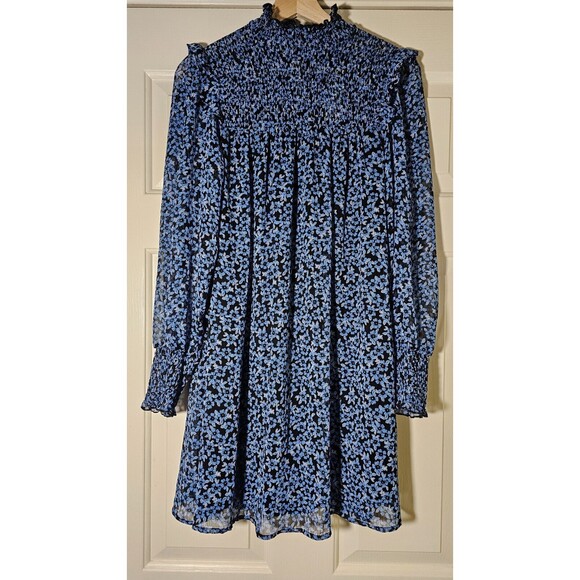 Mi Ami Francesca’s Black Blue Lucy Smocked Floral Ruffle Dress S NWT - Picture 4 of 14